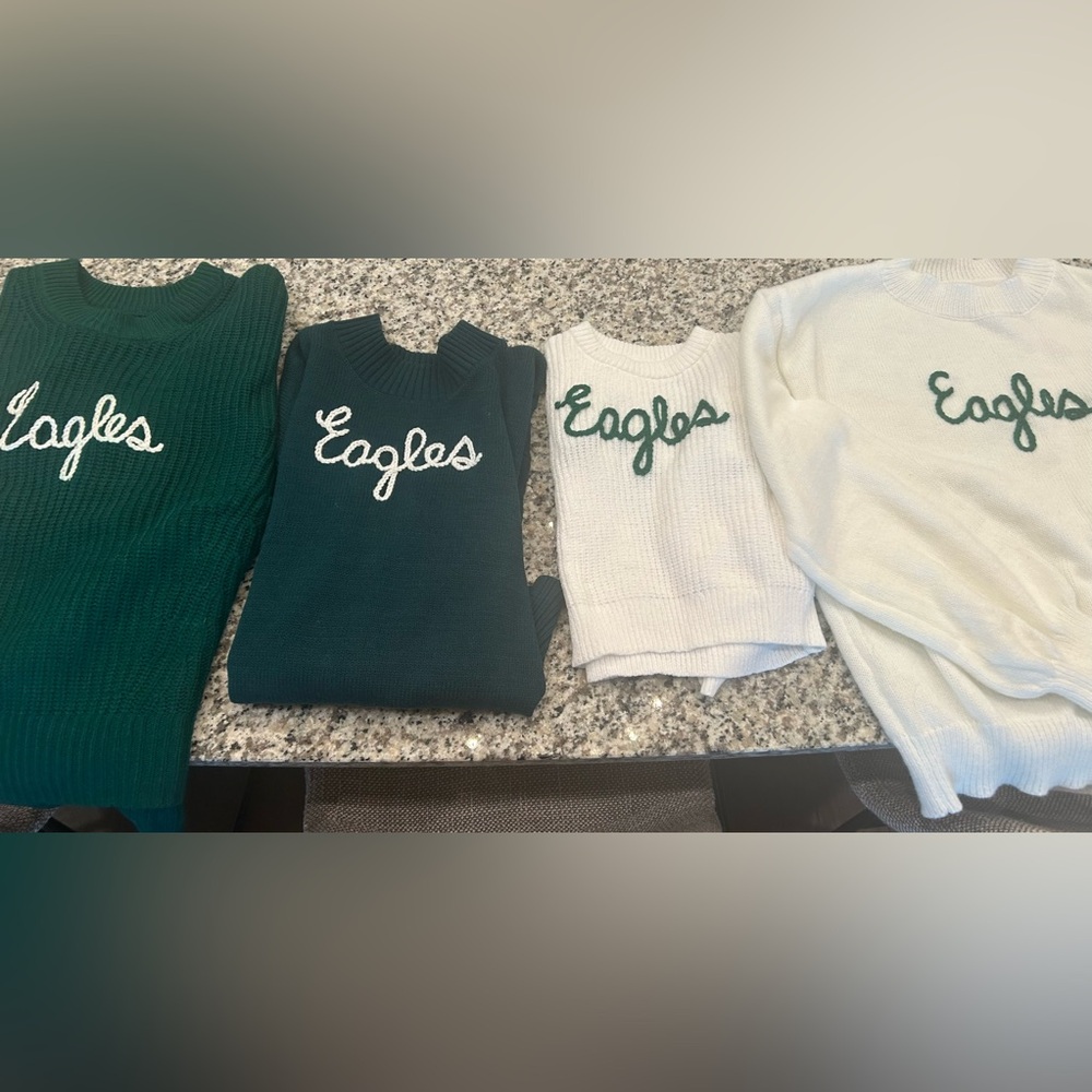 Custom yarn stitched Eagles sweaters